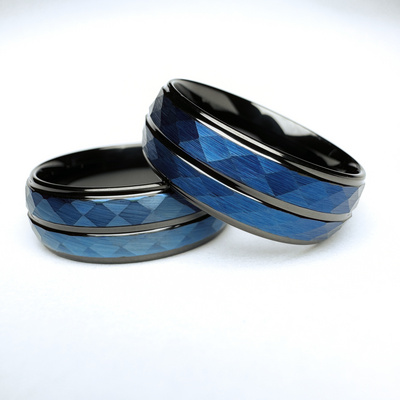 Factory Custom 8mm Men's Wedding Tungsten Carbide Ring With Black and Blue Plated Hammered Finish Comfort Fit for Men