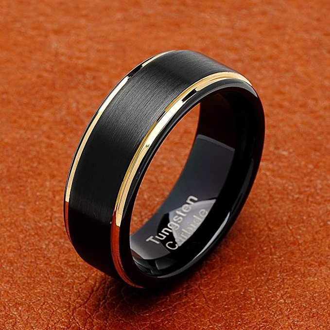 Tungsten Rings for Men Wedding Band Gold Custom 8MM Engraved Personalized Black Step Edge Size 4-16 Jewelry Engagement Ring IGI