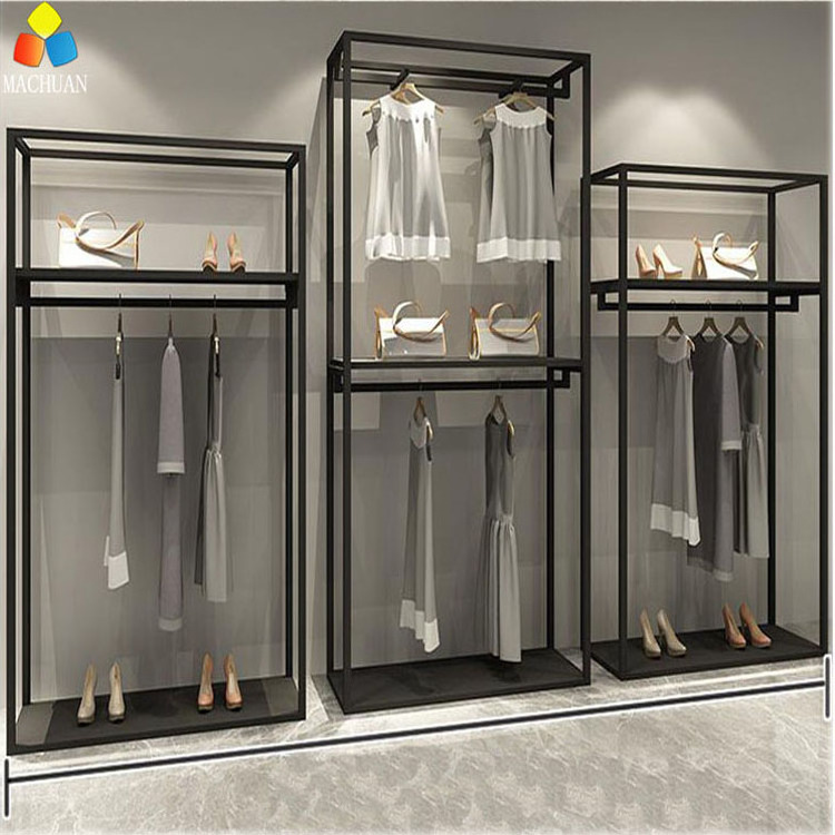 Boutique retail metal wood interior design shelves racks displays shop clothing display stand