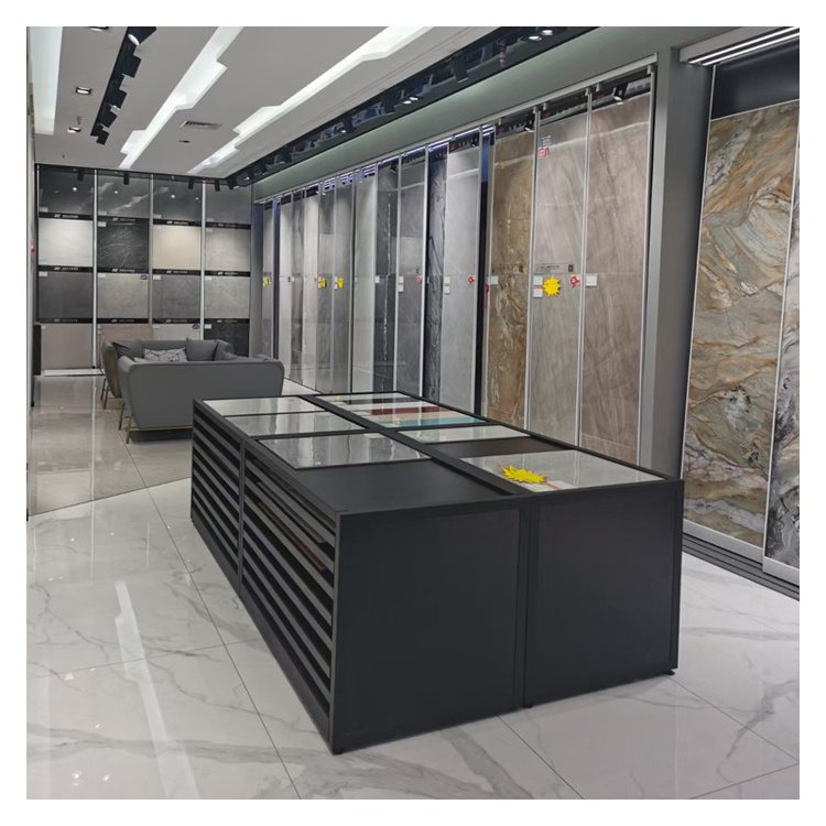 Showroom ceramic tile quartz stone display rack wholesale wood slotted floor tiles display rack