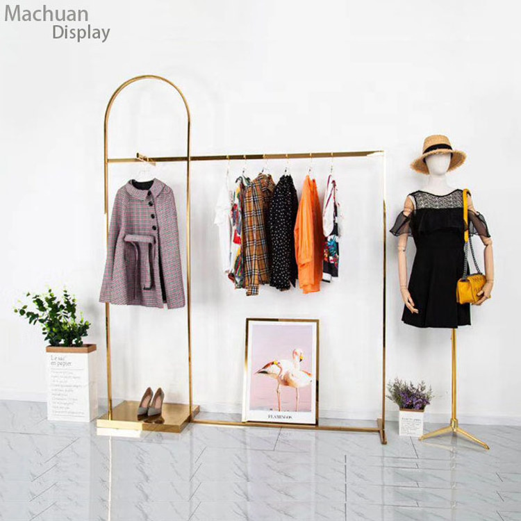 Golden women clothing store display rack gold clothes store racks for dress