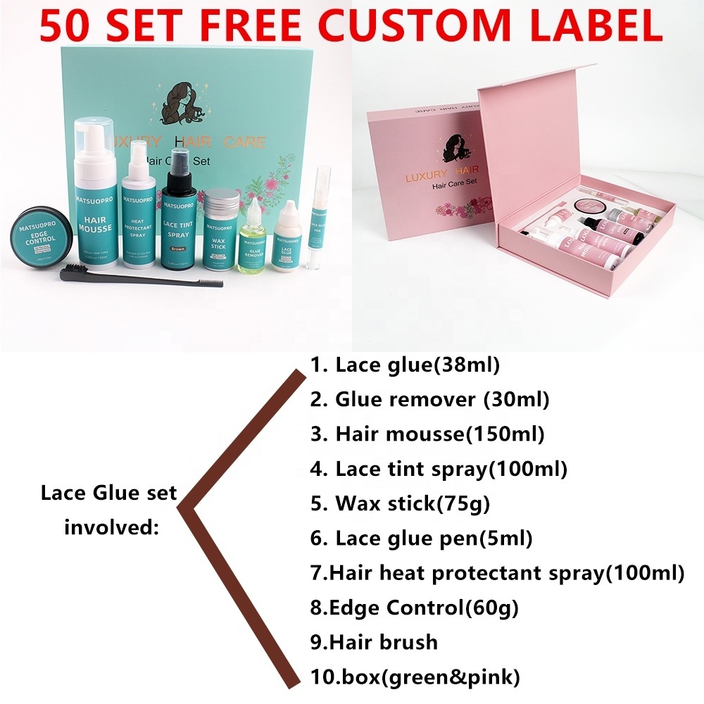 Free Shipping Private Label Wig Install Box Waterproof Lace Glue Edge Control Hair Tint Spray Hair Growth Oil Lace Wig Kit