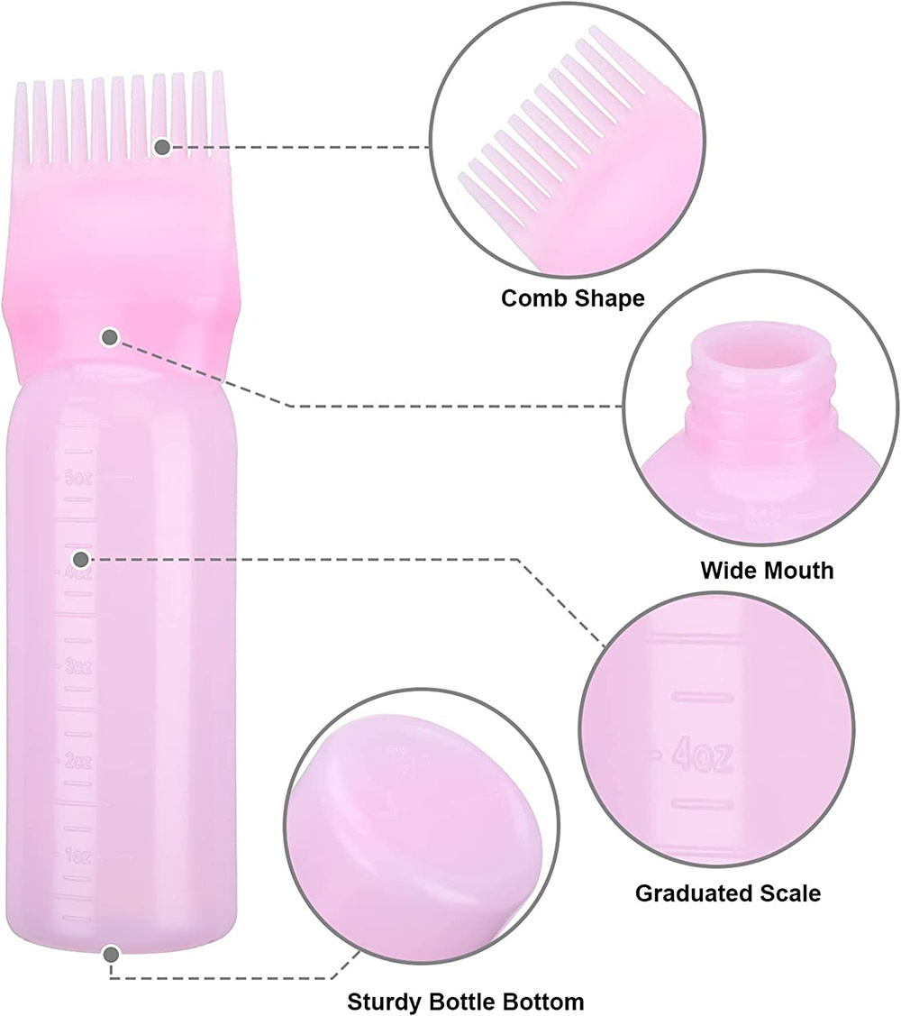 Custom Plastic PET 120ml Squeeze Applicator Oil Comb Bottles Color Tint Bottle With HairBrush Hair Dye Bottle