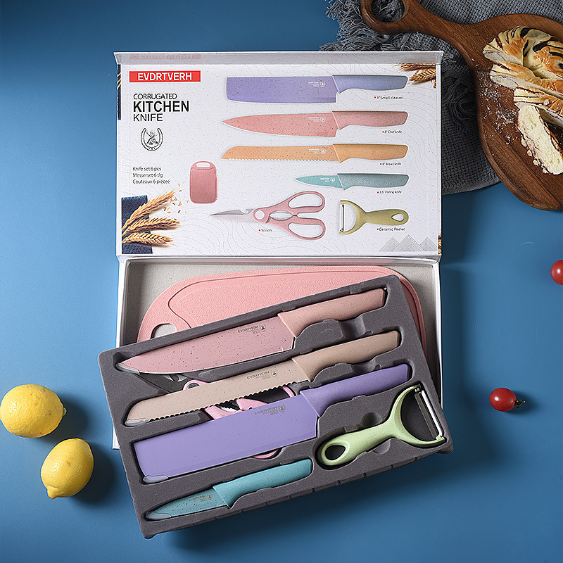 MAIMAI 7 Pieces Kitchen Accessories Knife Set with Cutting Board Colorful PP Handle Stainless Steel Kitchen Knives Set