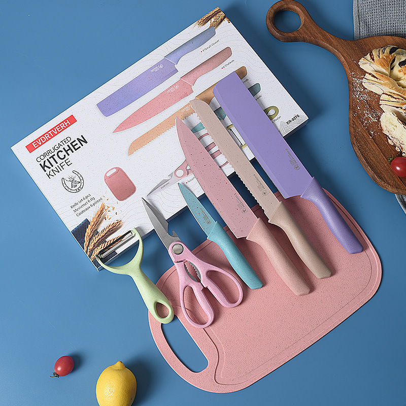 MAIMAI 7 Pieces Kitchen Accessories Knife Set with Cutting Board Colorful PP Handle Stainless Steel Kitchen Knives Set