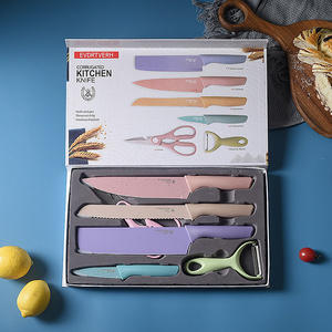 MAIMAI 7 Pieces Kitchen Accessories Knife Set with Cutting Board Colorful PP Handle Stainless Steel Kitchen Knives Set