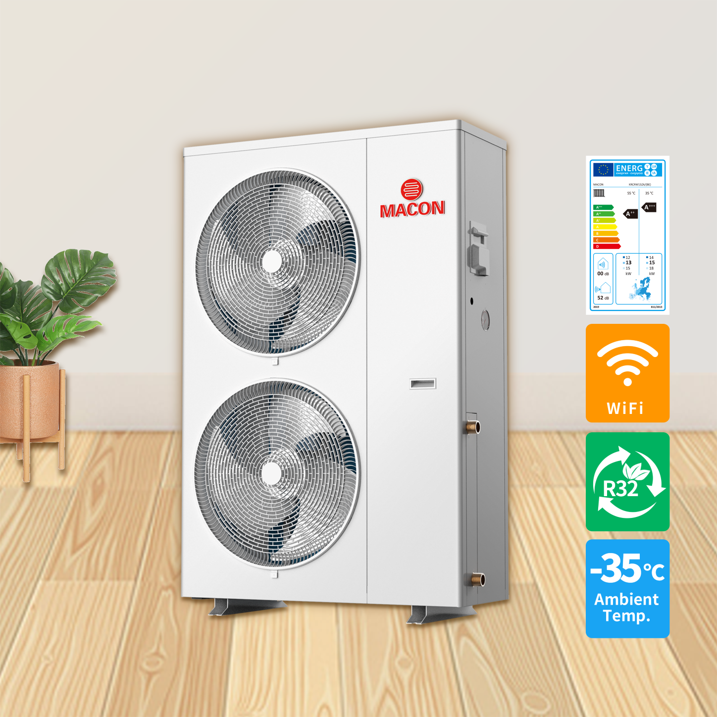 A+++ Erp R32 WIFI controller full dc inverter EVI heat pump Macon 16kw 24kw 36kw air to water inverter heat pump for heating