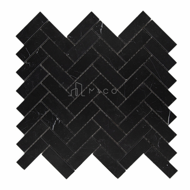 Bathroom Nero Marquina Herringbone Marble Black Mosaic Tiles Stone Backsplash For Bathroom Wall