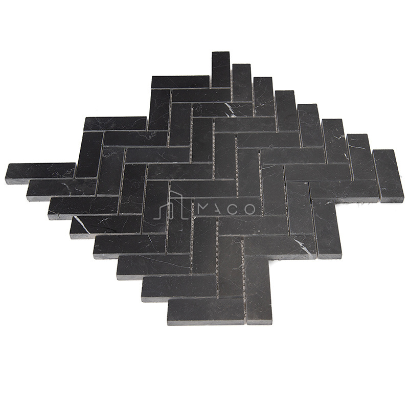 Bathroom Nero Marquina Herringbone Marble Black Mosaic Tiles Stone Backsplash For Bathroom Wall