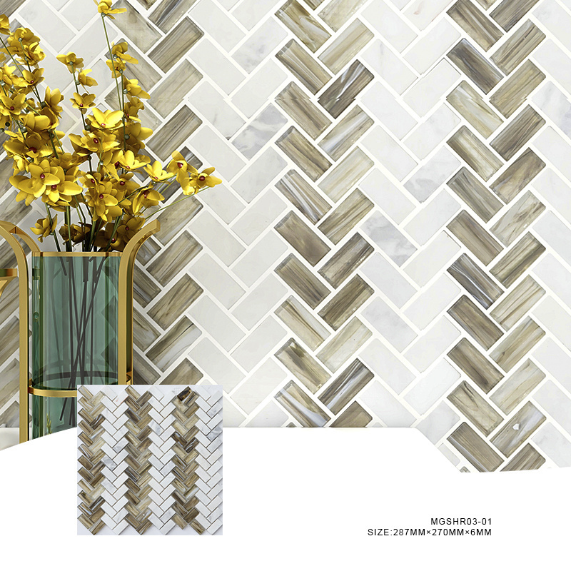 Herringbone Marble Glass Mixed Mosaic Back Splash Wall Kitchen Backsplash Tiles with Gold