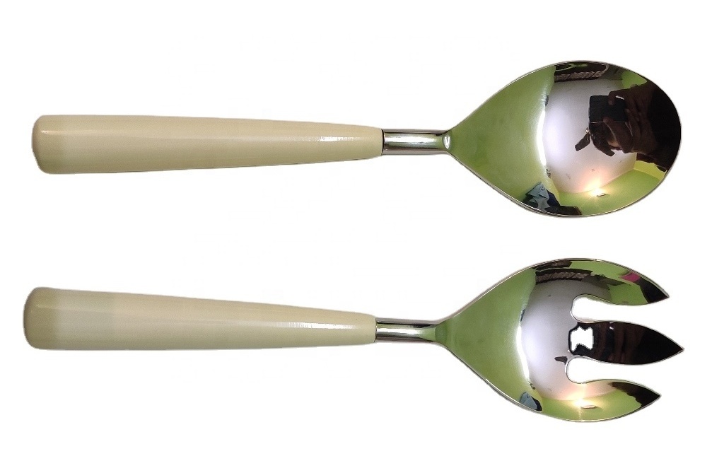 High-Quality salad server spoon set of 2 pieces made of Steel and Epoxy MOP Resin Ivory with Beautiful Multi Color at Best Price