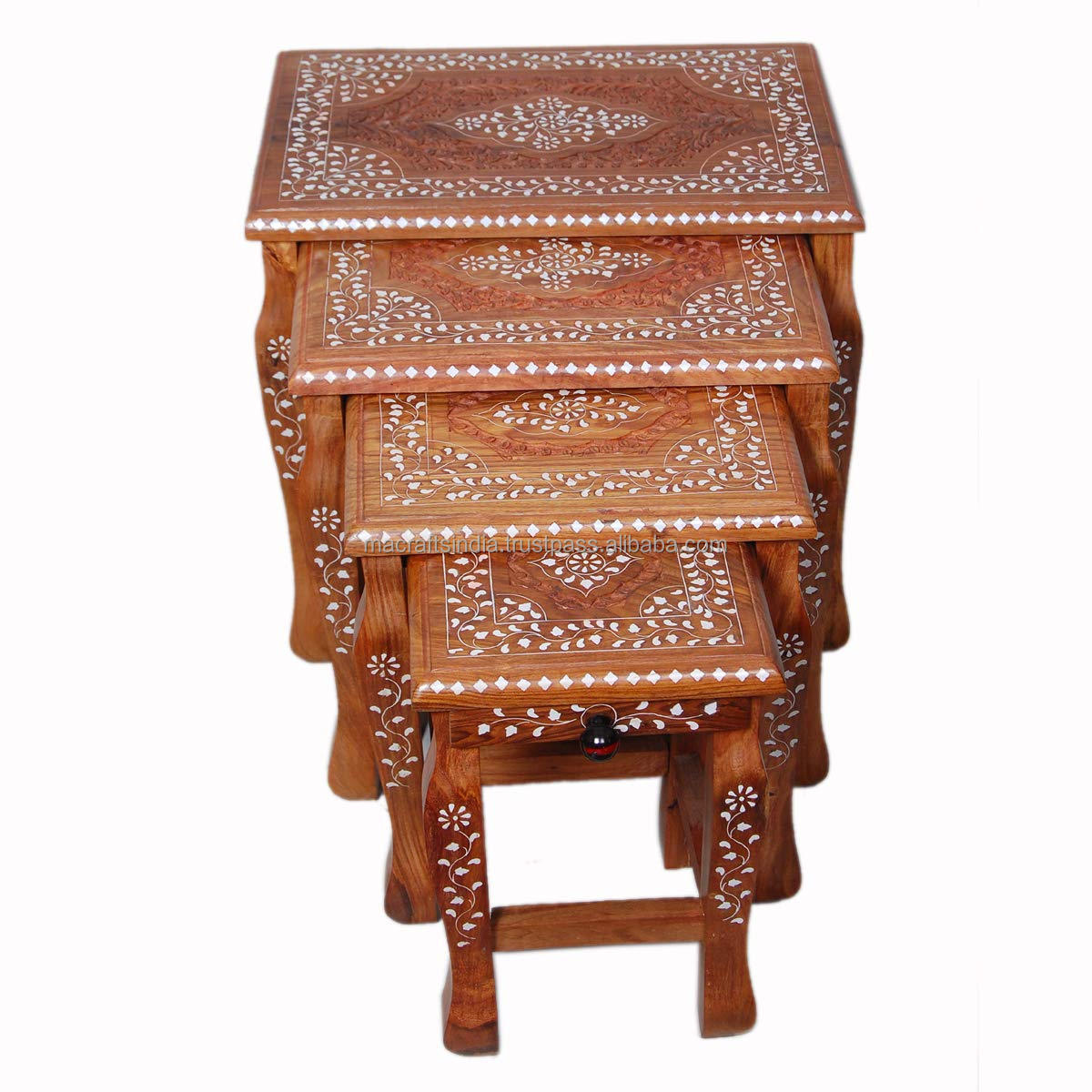 Wood Decor Standard Handicraft Wooden Stool Set of 4 Sheesham Wood with Brass & Carving Work with One Smool Drow