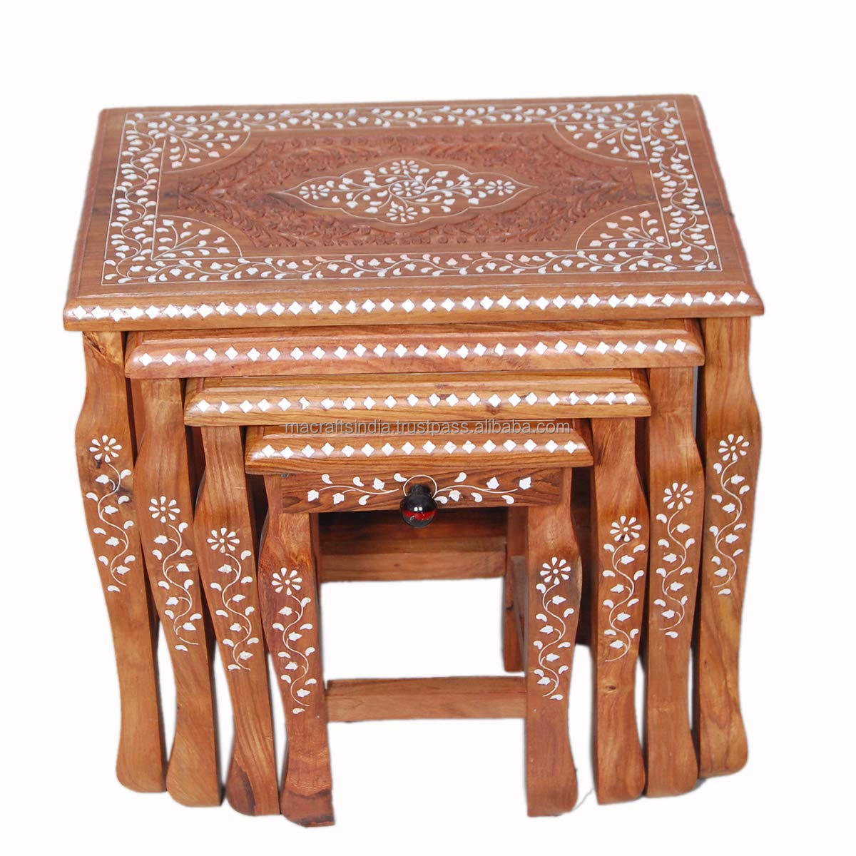 Wood Decor Standard Handicraft Wooden Stool Set of 4 Sheesham Wood with Brass & Carving Work with One Smool Drow