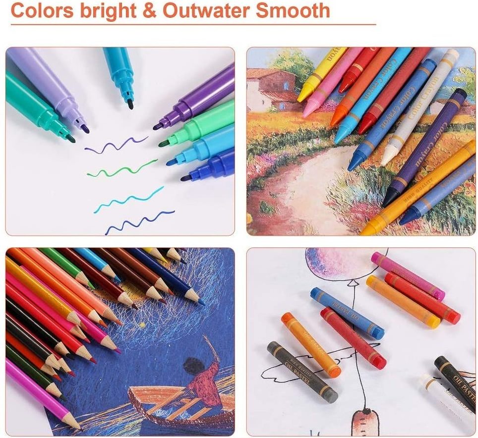 180 PCS Coloring Art Set Painting & Drawing Supplies Kit, Watercolor Pencils Oil Pastels Crayons, Brush with Wooden Art Case