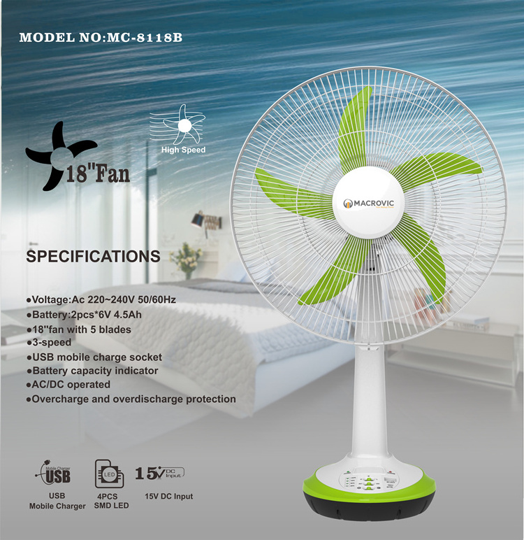 18 Inch Two Batteries AC/DC Portable Rechargeable Solar Cooling Fan With Led Light