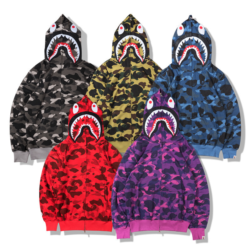 Wholesale High Quality Ape Shark Camo Streetwear Hip Hop Sweatshirt Men Unisex Full Face Zip Up Bapees Hoodie