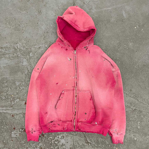 Custom Streetwear Women Men's 500 gsm Heavyweight Oversized Blank Pink Acid Wash Vintage Ripped Hole Distressed Zip Up Hoodie