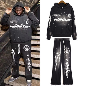 Customizable Quality Printing Mens Tracksuit 100% Cotton French Terry Raw Hem Cut Acid Washed Hoodie and Sweatpants Set