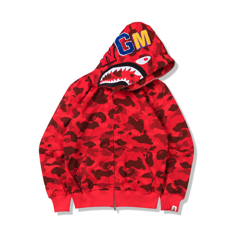 Wholesale High Quality Ape Shark Camo Streetwear Hip Hop Sweatshirt Men Unisex Full Face Zip Up Bapees Hoodie