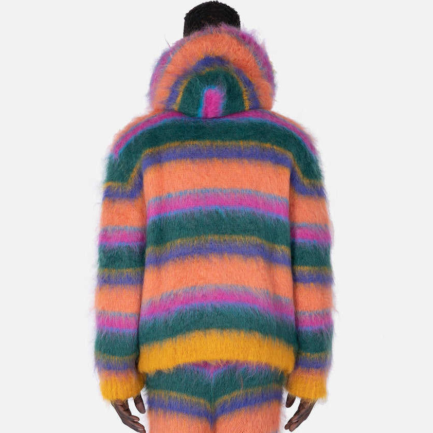 Custom Women Men Y2k Striped Color Block Drop Shoulder Thick Warm Mohair Hoodies Sweatshirts Sweater Zip Up Mohair Hoodie