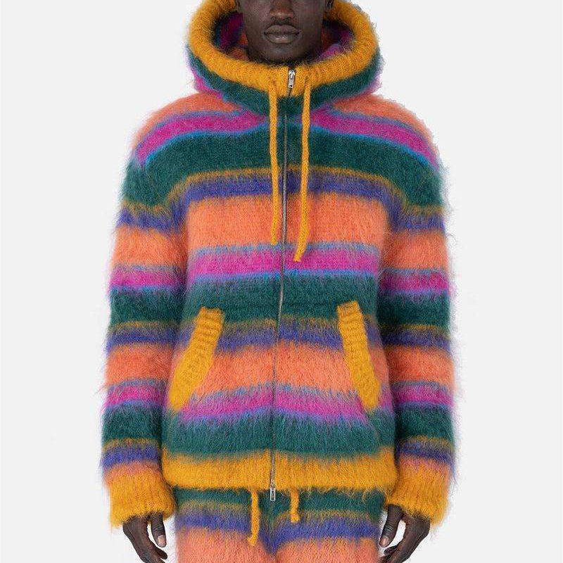 Custom Women Men Y2k Striped Color Block Drop Shoulder Thick Warm Mohair Hoodies Sweatshirts Sweater Zip Up Mohair Hoodie