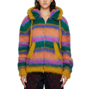 Custom Women Men Y2k Striped Color Block Drop Shoulder Thick Warm Mohair Hoodies Sweatshirts Sweater Zip Up Mohair Hoodie