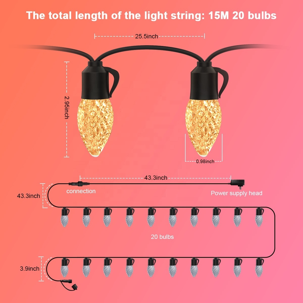 Outdoor LED Christmas light string RF remote dimmable warm yellow LED bulb with a total length of 15 meters and 20