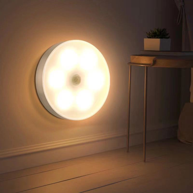 Wireless Motion Sensor Light Led Night Lights Round 6LED  Detector Wall USB Charging  Lamp Staircase Closet Room Aisle Lighting