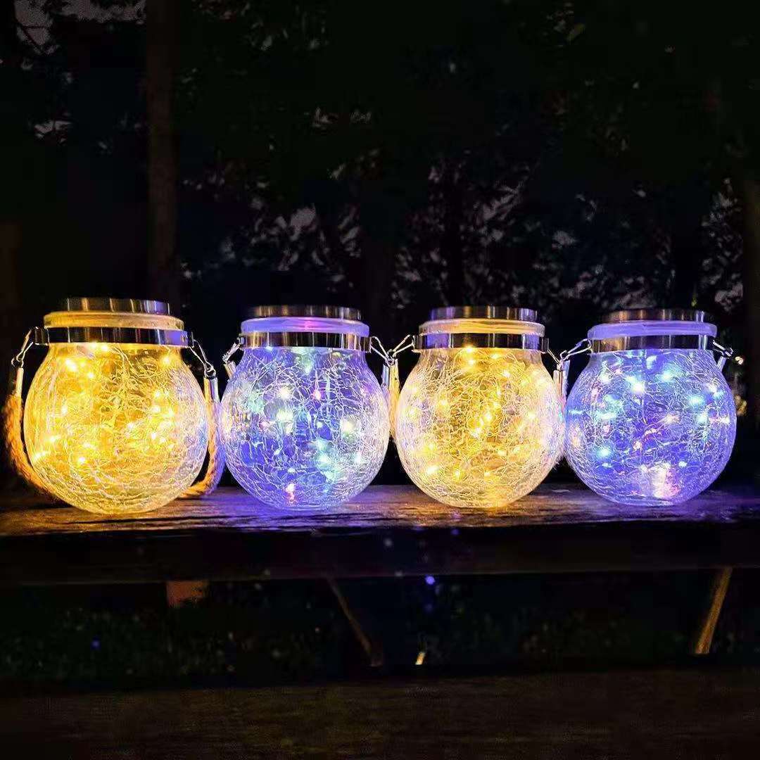 Solar Lantern Outdoor Hanging LED Mason Jar Light Crack Glass Bottle Mason Jar Solar Garden Light Hemp Rope Hanging Lights