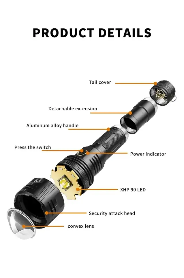 450000 LM 10km powerful tactical flashlight 26650 rechargeable USB torch light XHP90 30W 1500m 2-1 Hunting lantern