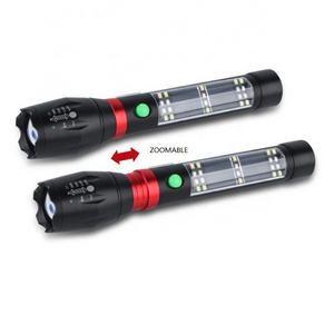 Multi-Functional Rechargeable Aluminum Alloy Safety Emergency Solar Power LED tactical Flashlight with Alarm