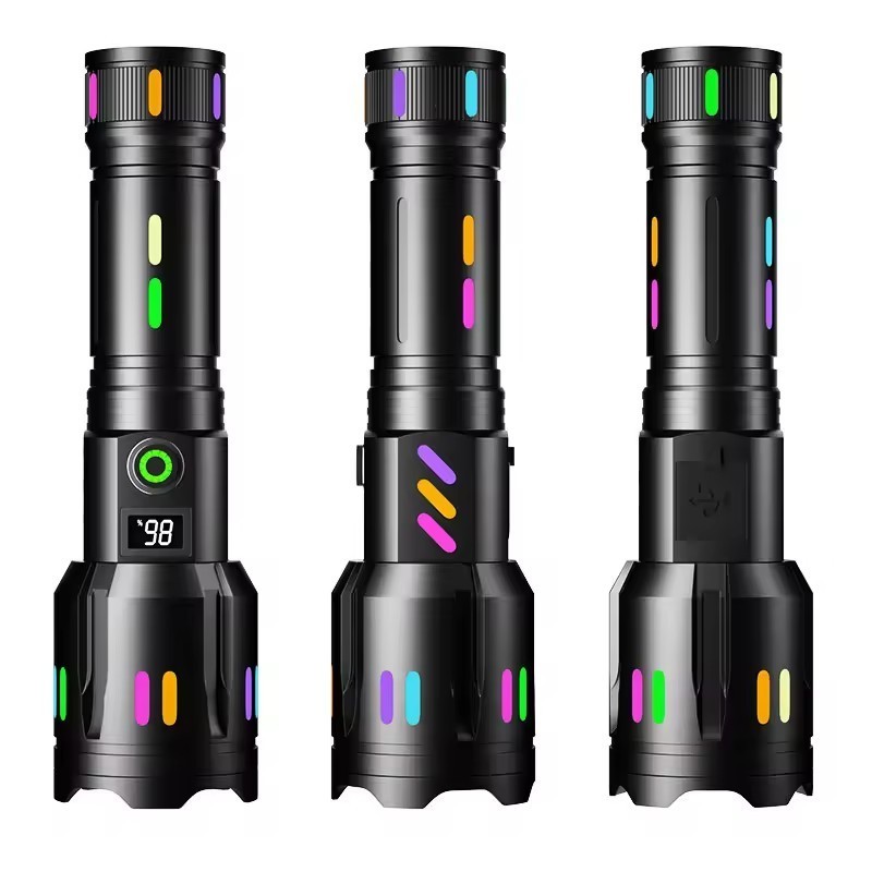 Super Bright Spotlight with Light Bar  Type-C USB Rechargeable Zoomable White Laser Torch  High Brightness Emergency  Flashlight