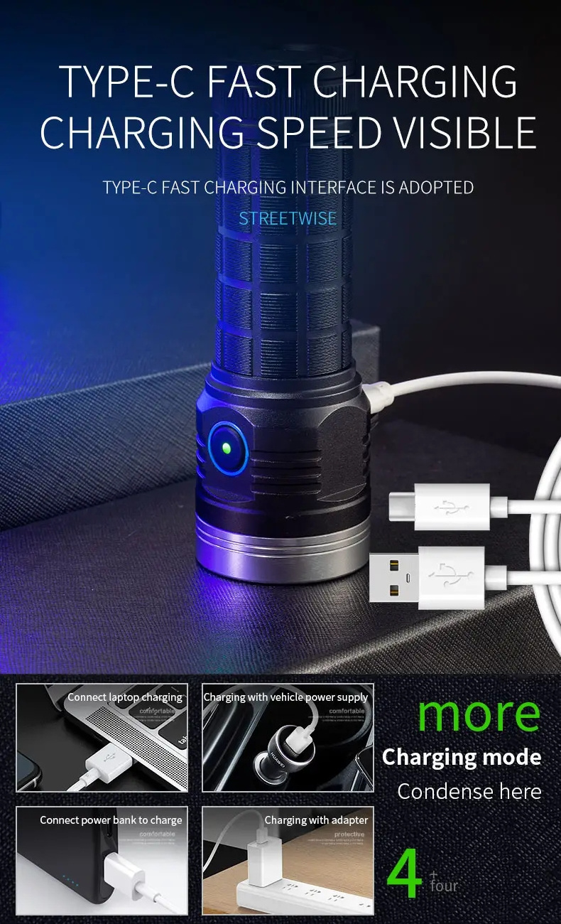 Multi gear switching built in high capacity battery 4000 lumens usb fast charging flashlight