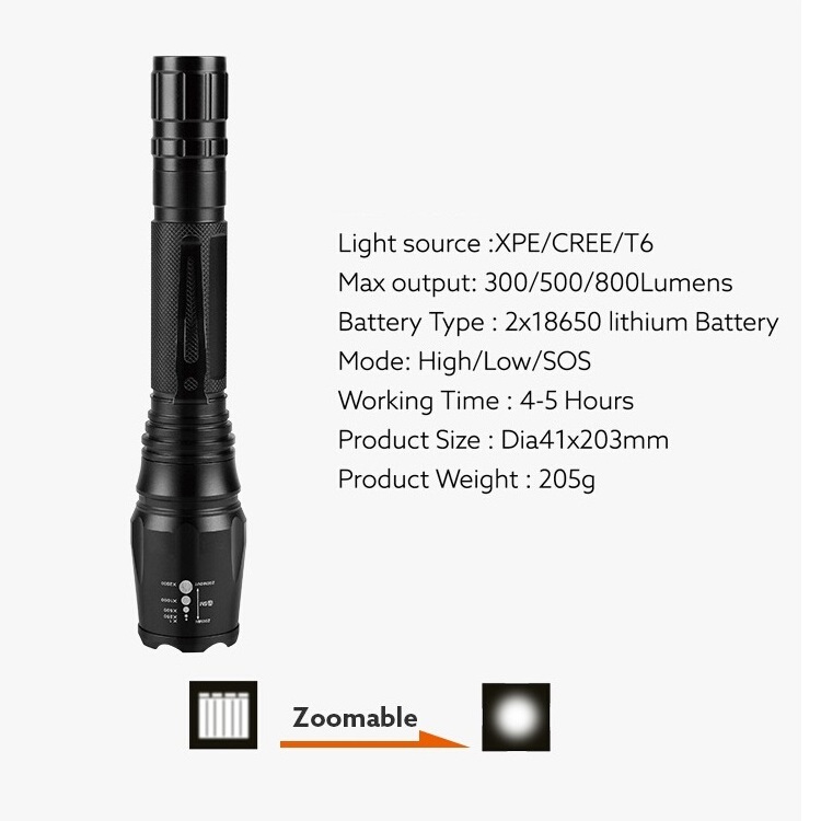 Outdoor Hunting Zoomable XML T6 Dimmable Torch Multi-purpose Rechargeable  2*18650 Led Flashlight