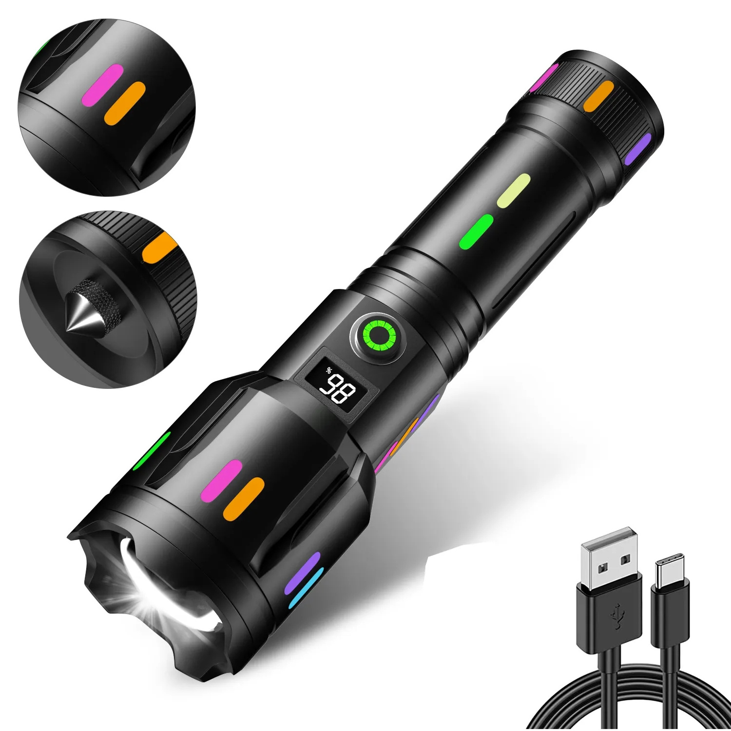 Super Bright Spotlight with Light Bar  Type-C USB Rechargeable Zoomable White Laser Torch  High Brightness Emergency  Flashlight