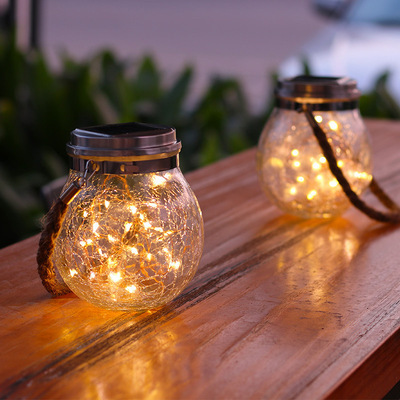 Solar Lantern Outdoor Hanging LED Mason Jar Light Crack Glass Bottle Mason Jar Solar Garden Light Hemp Rope Hanging Lights