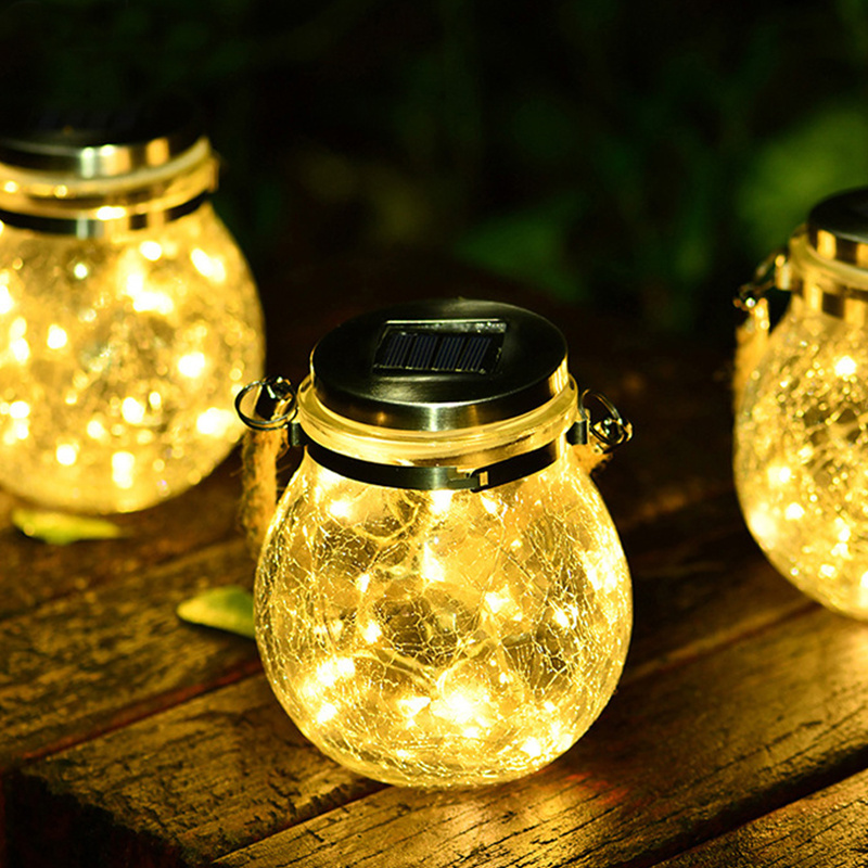 Solar Lantern Outdoor Hanging LED Mason Jar Light Crack Glass Bottle Mason Jar Solar Garden Light Hemp Rope Hanging Lights