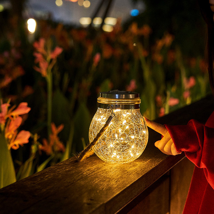 Solar Lantern Outdoor Hanging LED Mason Jar Light Crack Glass Bottle Mason Jar Solar Garden Light Hemp Rope Hanging Lights