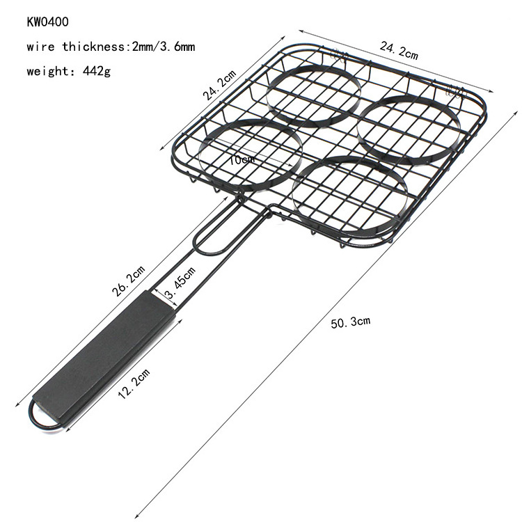 Non Stick BBQ Burger Grilling Basket Hamburger Meat Steak Turner Basket Steel Wire Net Basket with Wooden Handle for Outdoor BBQ