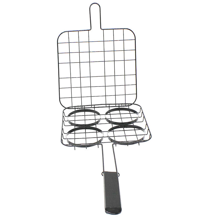 Non Stick BBQ Burger Grilling Basket Hamburger Meat Steak Turner Basket Steel Wire Net Basket with Wooden Handle for Outdoor BBQ