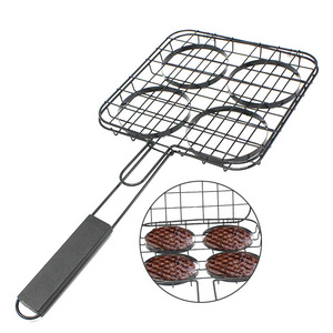 Non Stick BBQ Burger Grilling Basket Hamburger Meat Steak Turner Basket Steel Wire Net Basket with Wooden Handle for Outdoor BBQ