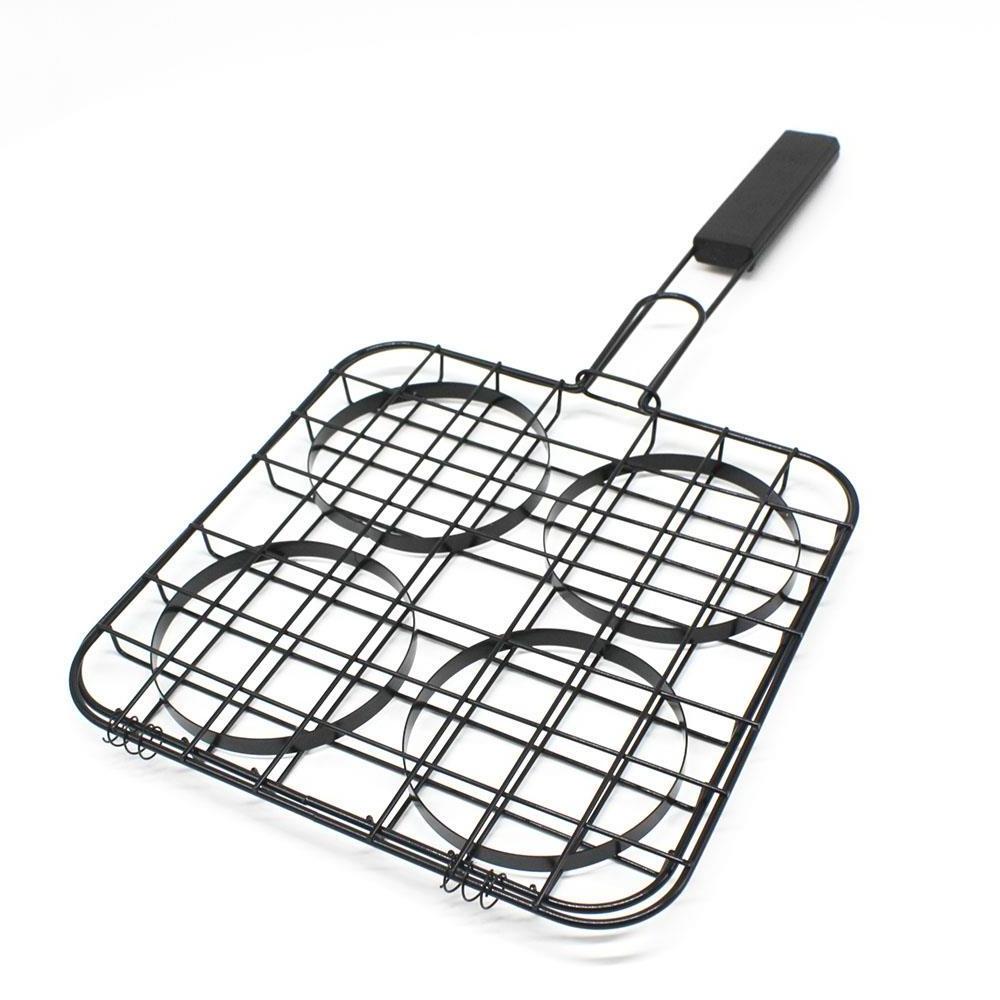 Non Stick BBQ Burger Grilling Basket Hamburger Meat Steak Turner Basket Steel Wire Net Basket with Wooden Handle for Outdoor BBQ