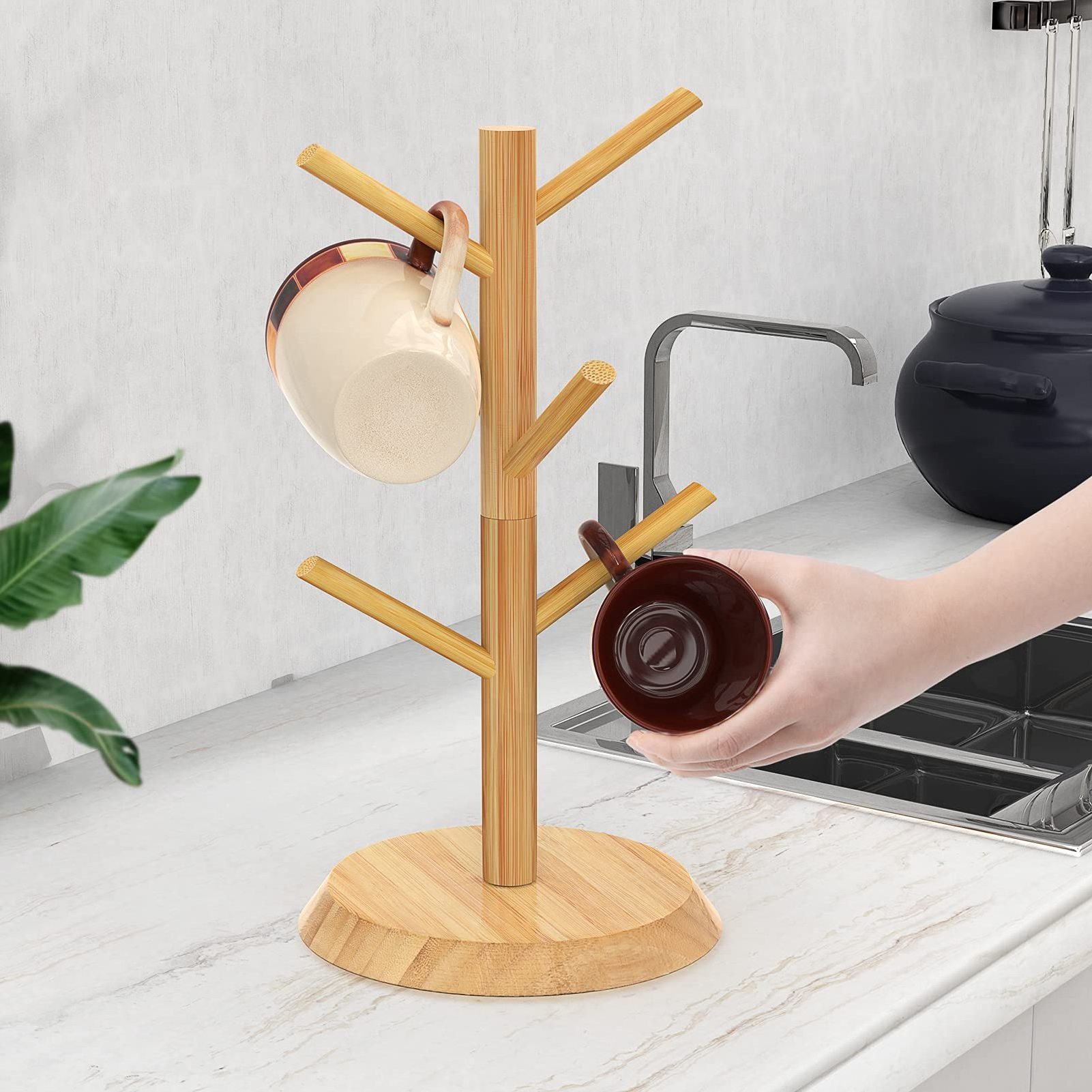 Bamboo Kitchen Organizer Rack With 6 Mug Holder Tree Coffee Cup Holder Bamboo Wooden Drain Rack Branch Hanger