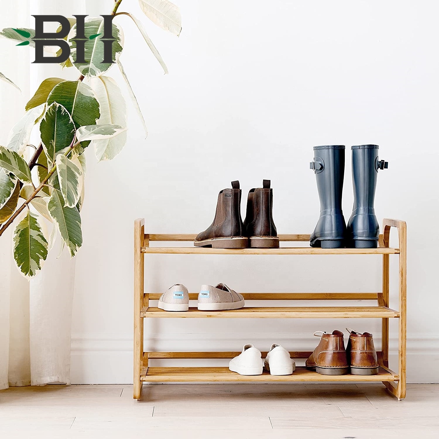 Bamboo 3-Tier Shoe Shelf storage organizer and show rack for shoes, boots, sneakers - free-standing sturdy shoe racks for closet