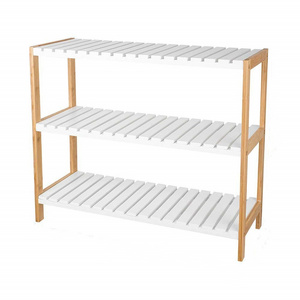 Multi-functional 3 Tier Natural Bamboo and White Shoe Rack for Entryway and Hallway