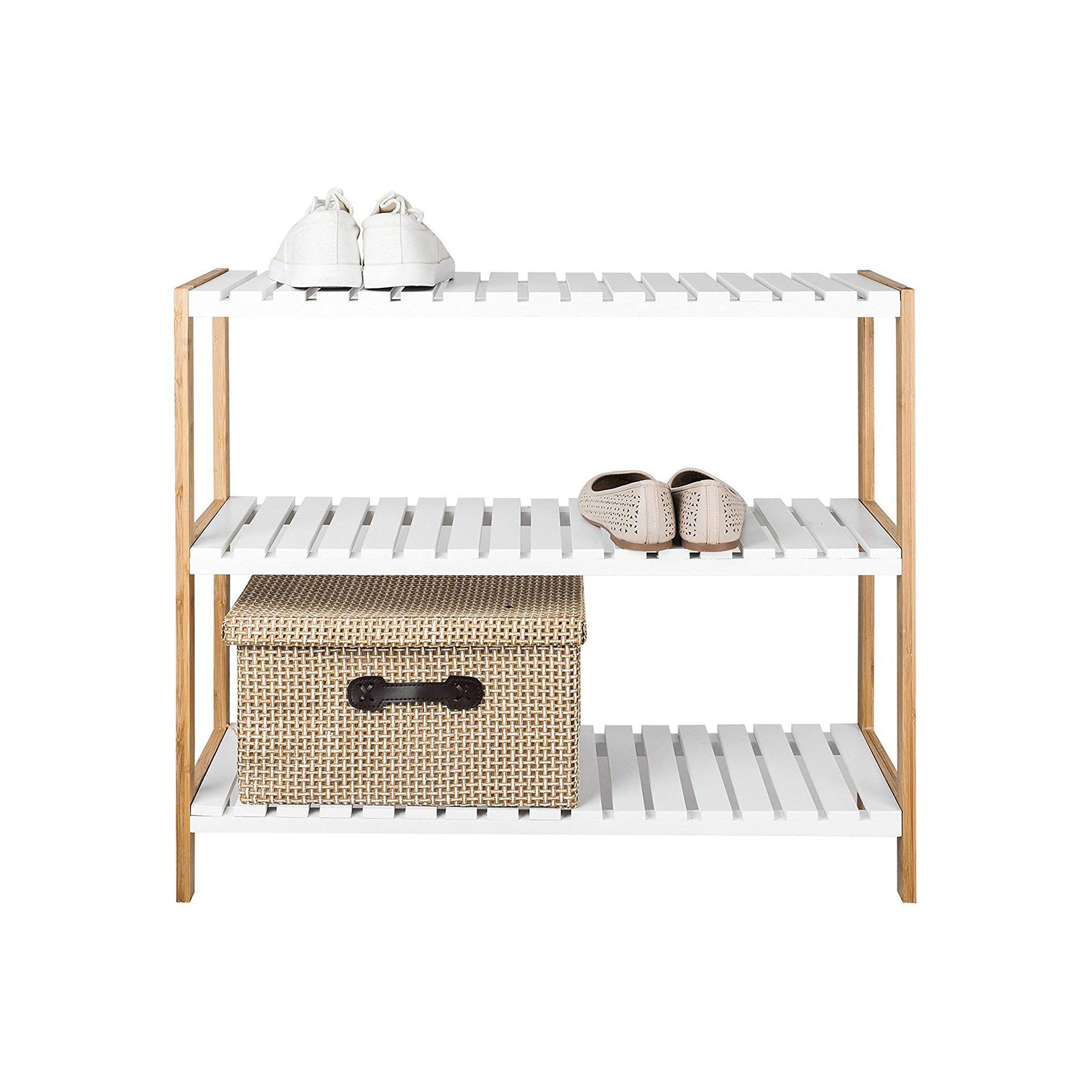 Multi-functional 3 Tier Natural Bamboo and White Shoe Rack for Entryway and Hallway