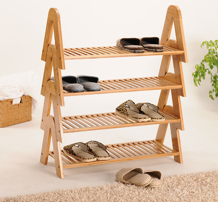 Adjustable  4-Tier Bamboo Stackable Corner Shoe Rack for Hallway Entryway