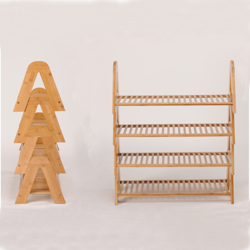 Adjustable  4-Tier Bamboo Stackable Corner Shoe Rack for Hallway Entryway