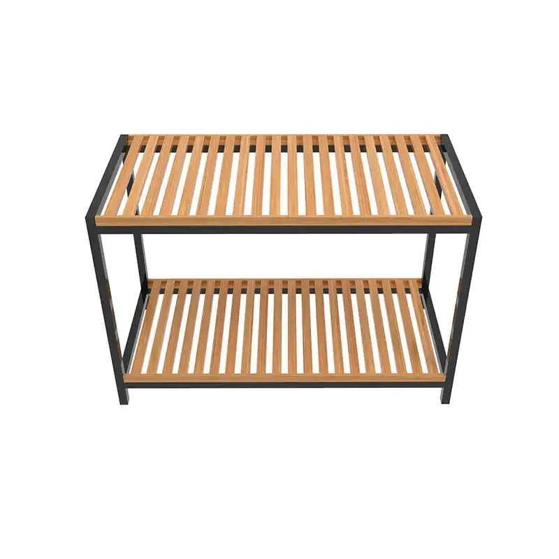 Simple Trending Small 2 Tier Bamboo and Metal Shoe Rack for Entryway and Hallway