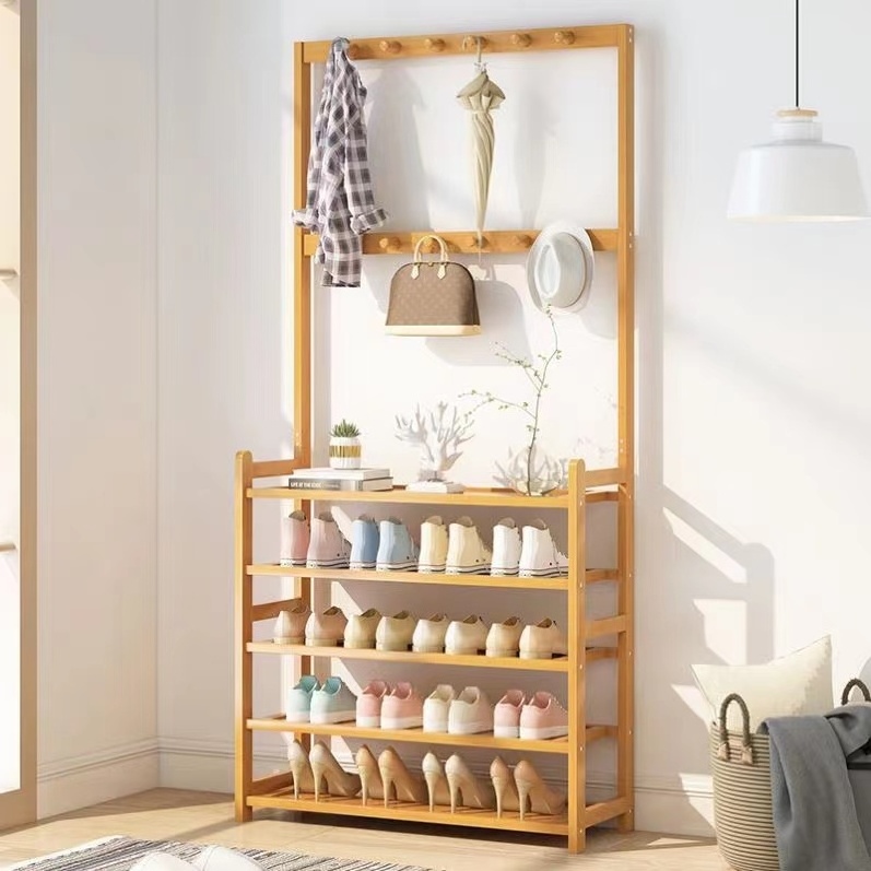 Multi-functional Bamboo Coat Tree Shoe Rack for Living Room